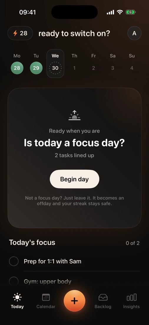 offday's Today screen: ready to switch on? Is today a focus day? Two tasks lined up and a Begin day button