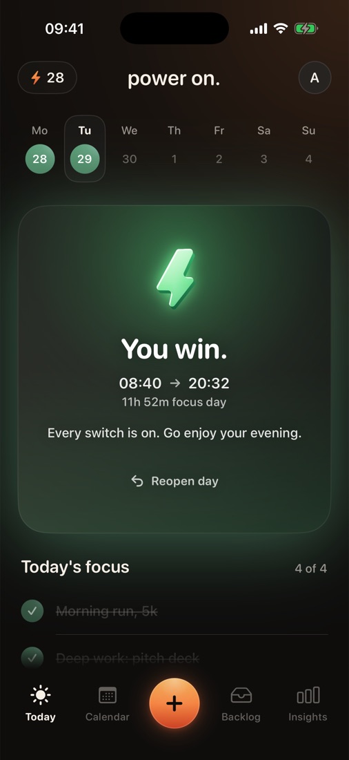 You win. 08:40 to 20:32, an 11 hour 52 minute focus day